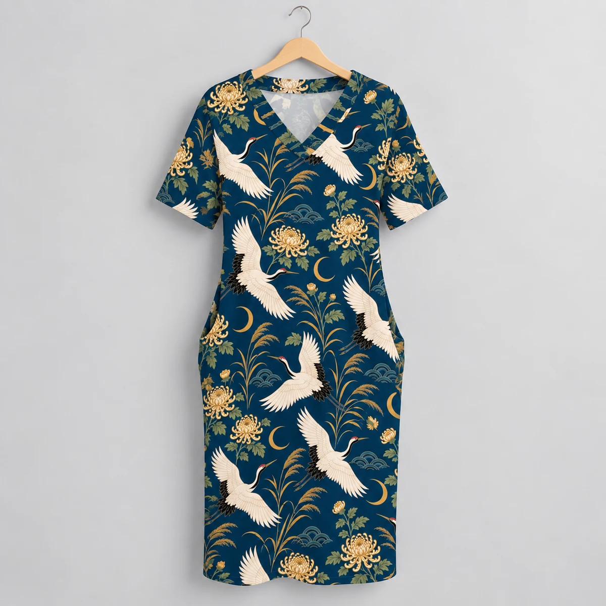 Women's T Shirt Dress - Twilight Crane Garden Print