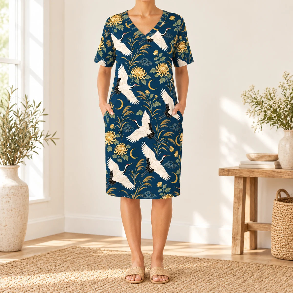 Women's T Shirt Dress - Twilight Crane Garden Print