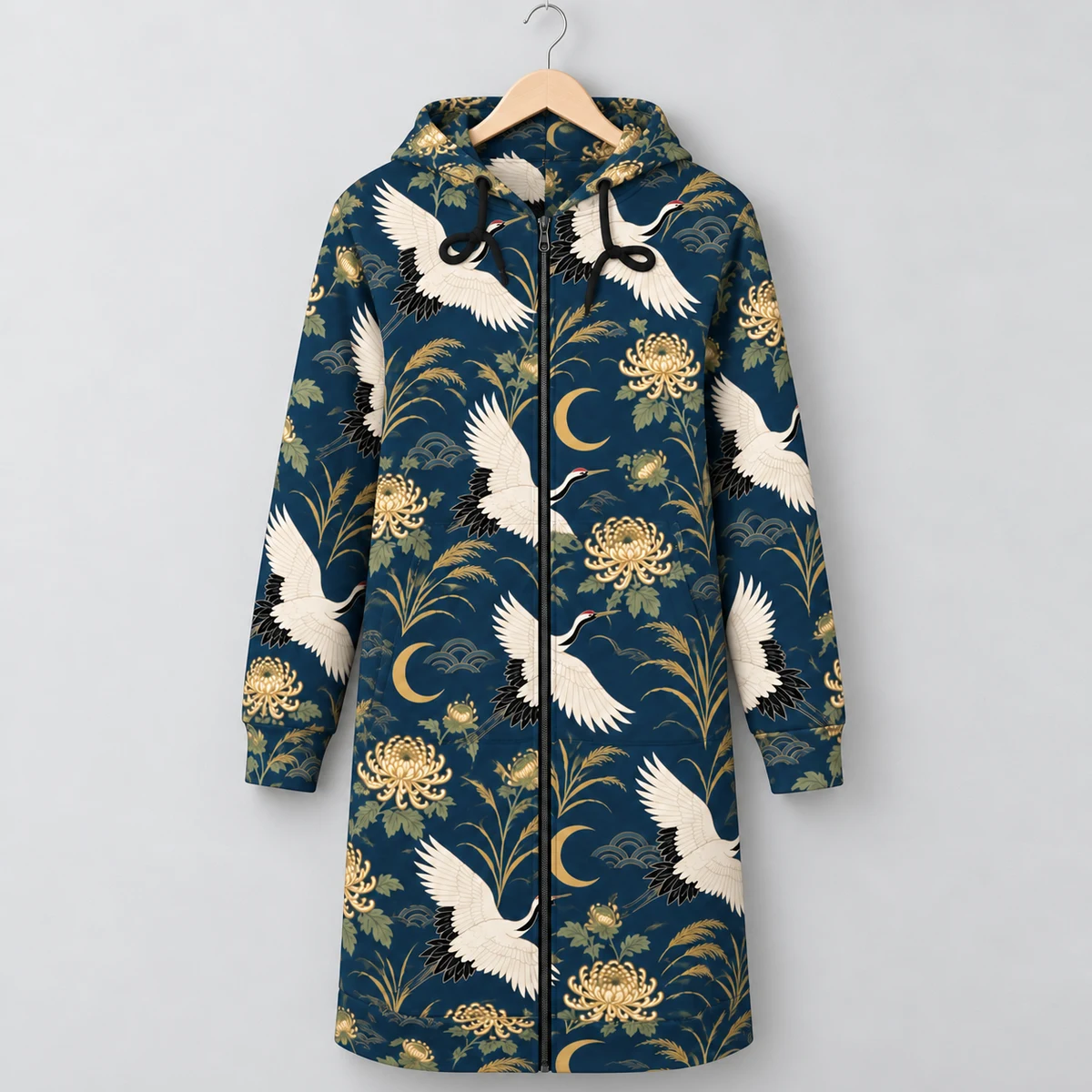 Women's Zip Up Hoodie - Twilight Crane Garden Print