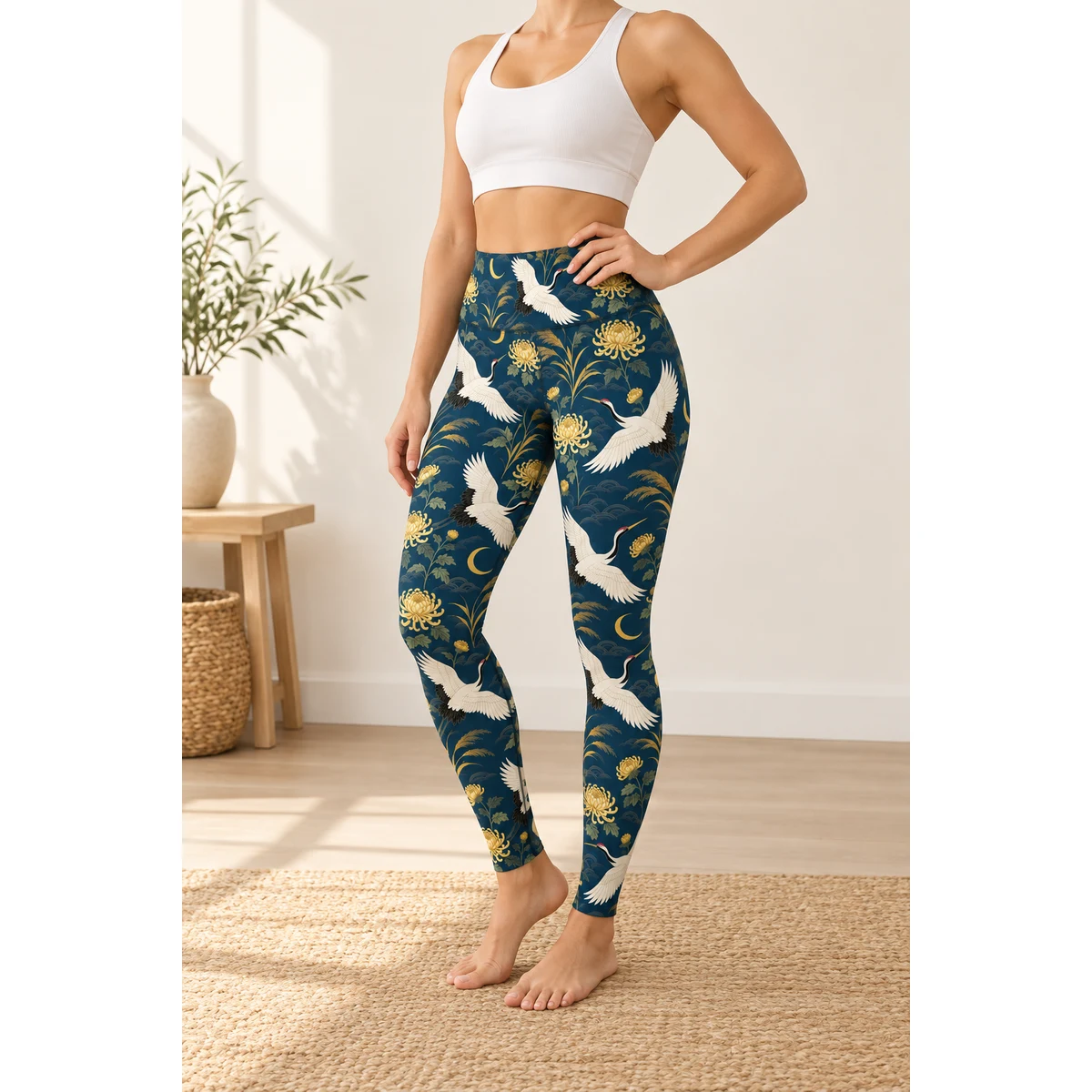 Women's Yoga Leggings - Twilight Crane Garden Print