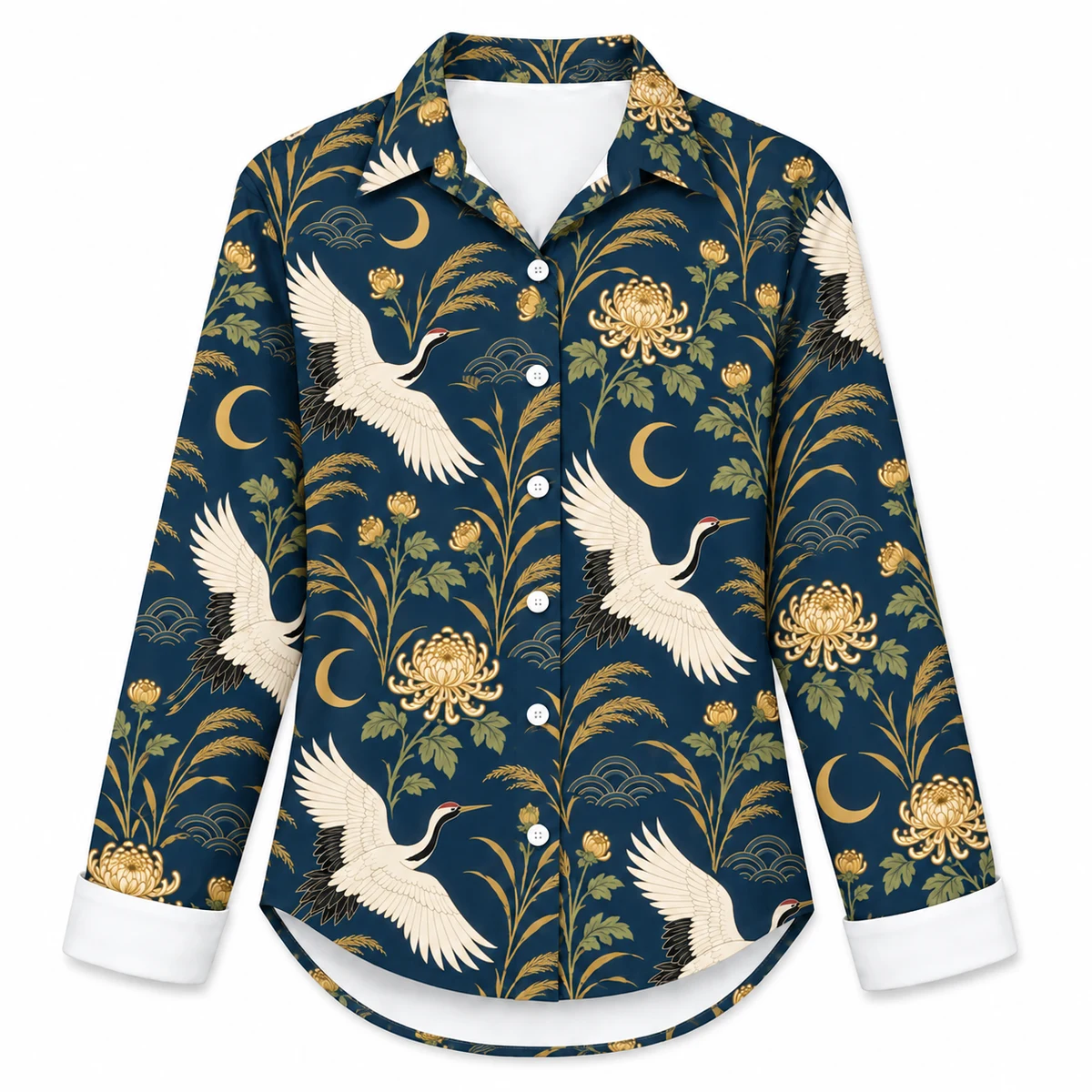 Women's Cropped Blouse - Twilight Crane Garden Print