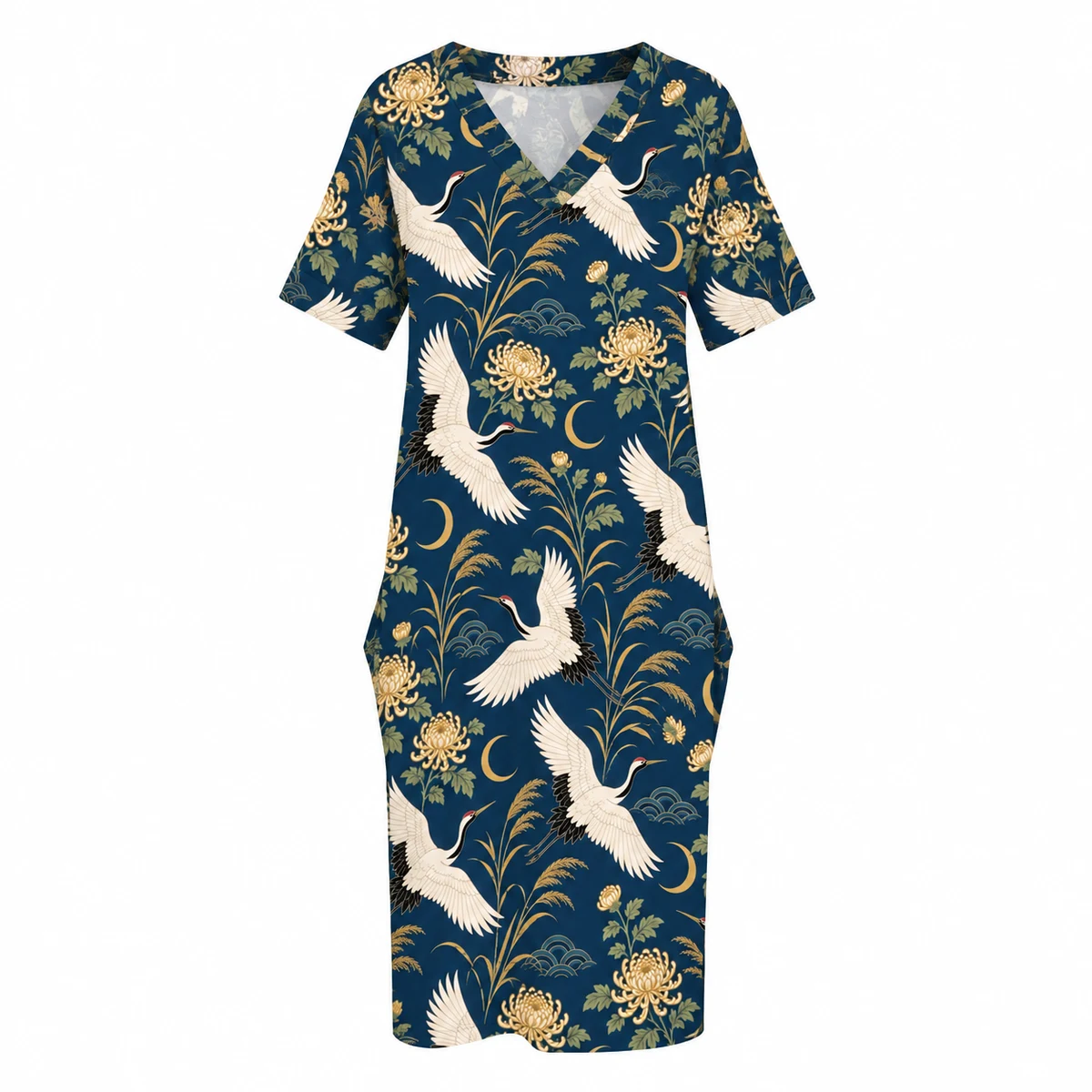 Women's T Shirt Dress - Twilight Crane Garden Print