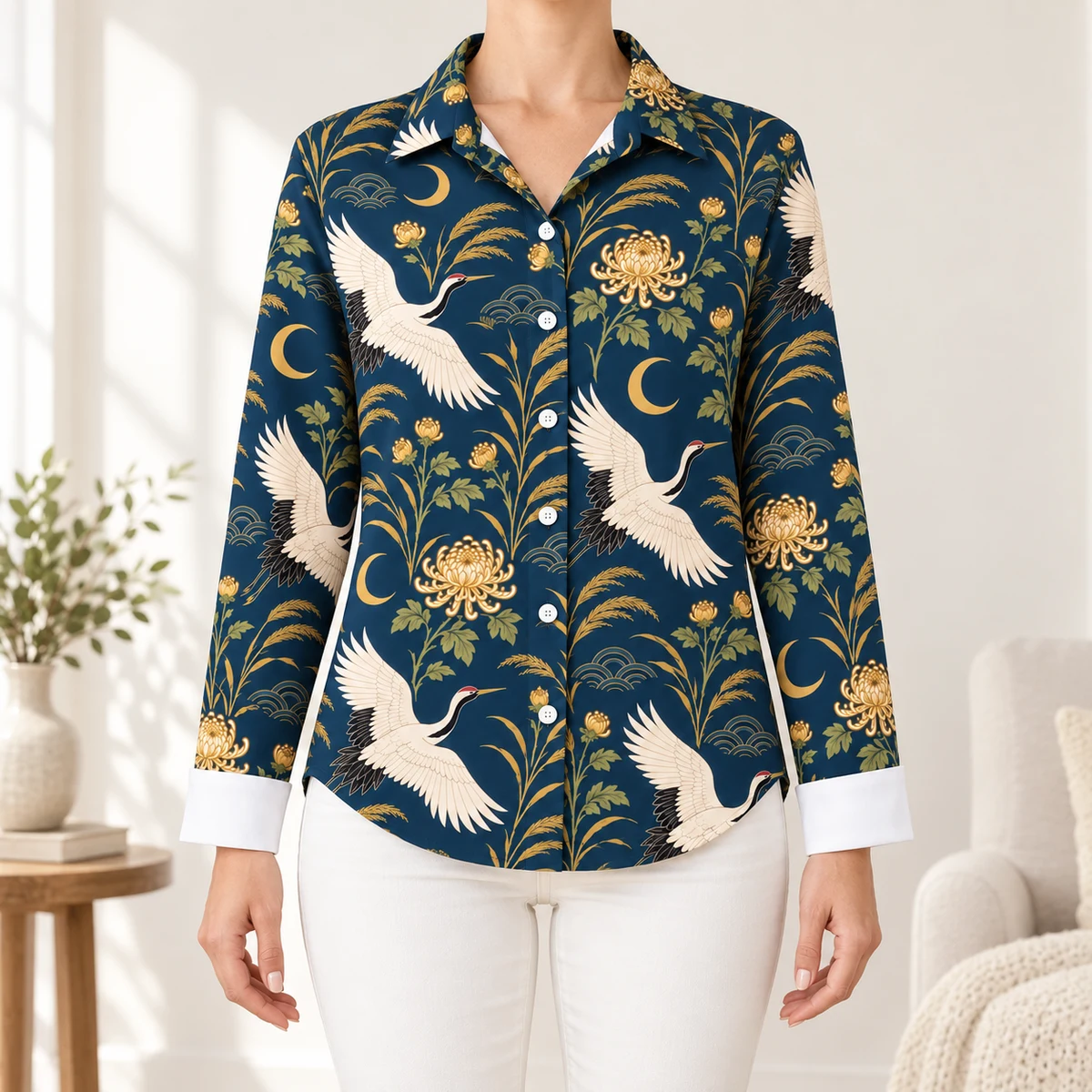 Women's Cropped Blouse - Twilight Crane Garden Print