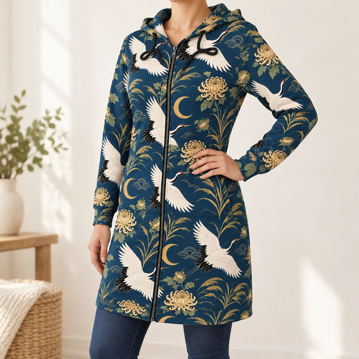 Women's Zip Up Hoodie - Twilight Crane Garden Print