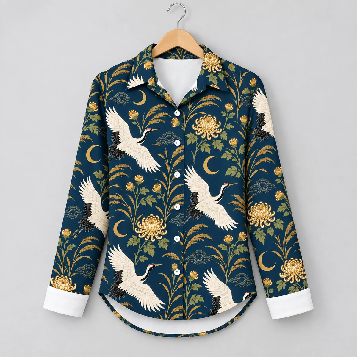 Women's Cropped Blouse - Twilight Crane Garden Print