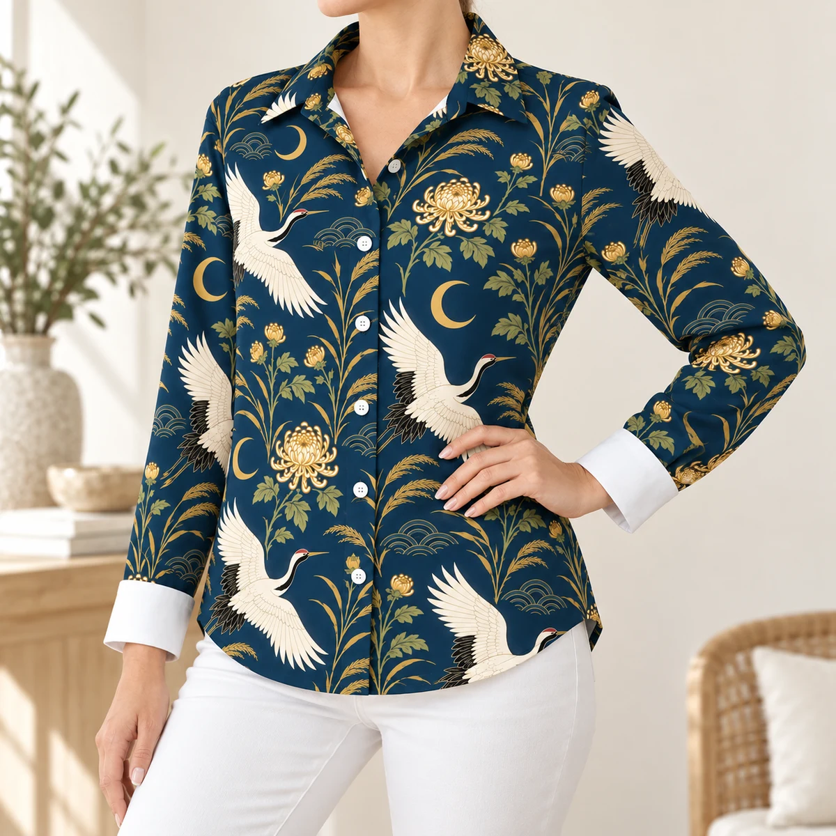 Women's Cropped Blouse - Twilight Crane Garden Print