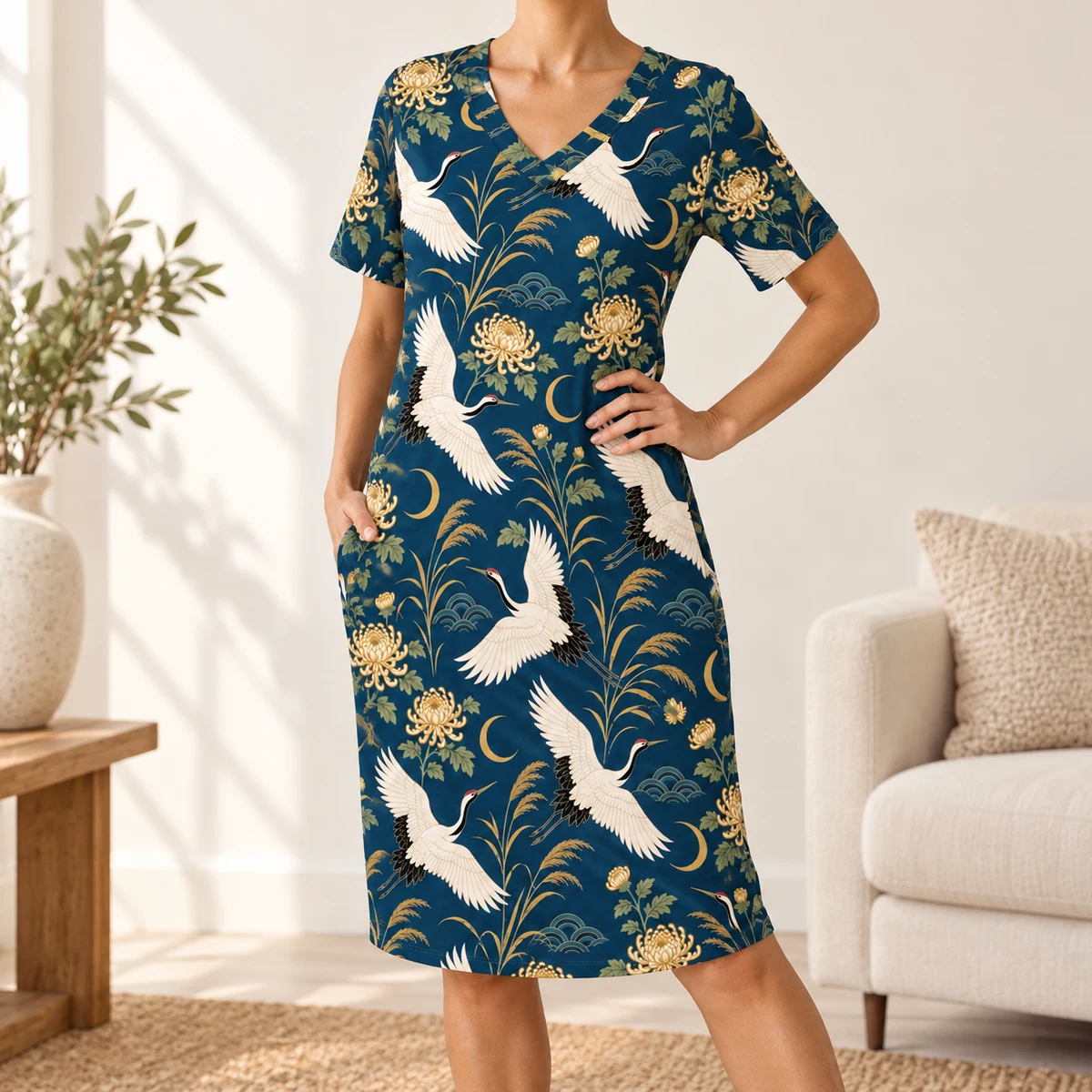 Women's T Shirt Dress - Twilight Crane Garden Print