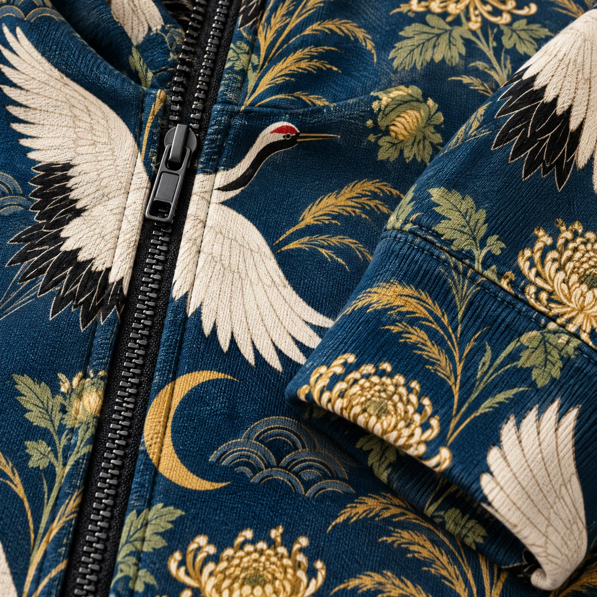 Women's Zip Up Hoodie - Twilight Crane Garden Print
