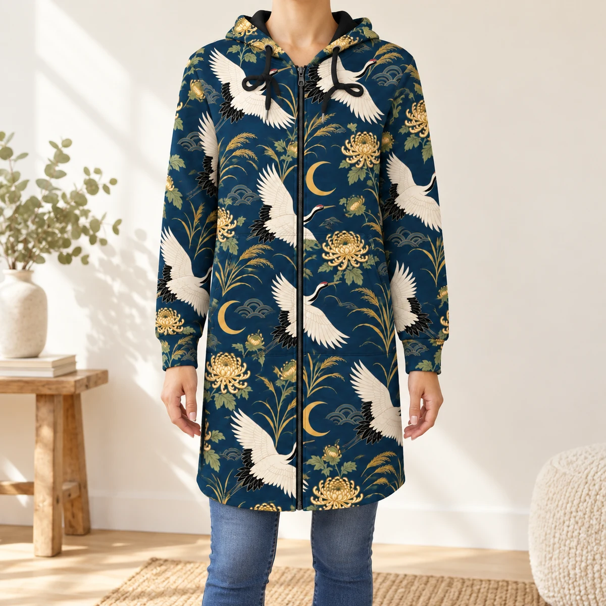 Women's Zip Up Hoodie - Twilight Crane Garden Print