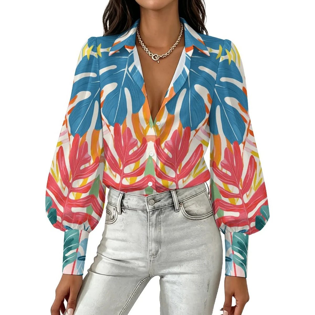 Women's Lantern Sleeve Button-Down Shirt - Bold Monstera Print