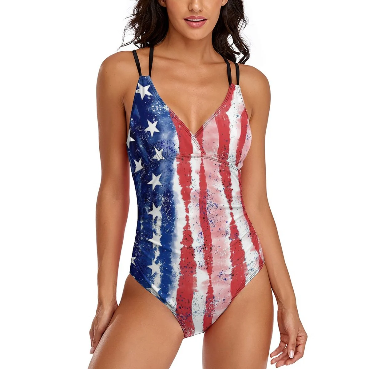 Women's V-Neck Crossback One-Piece Swimsuit - Distressed American Flag Print