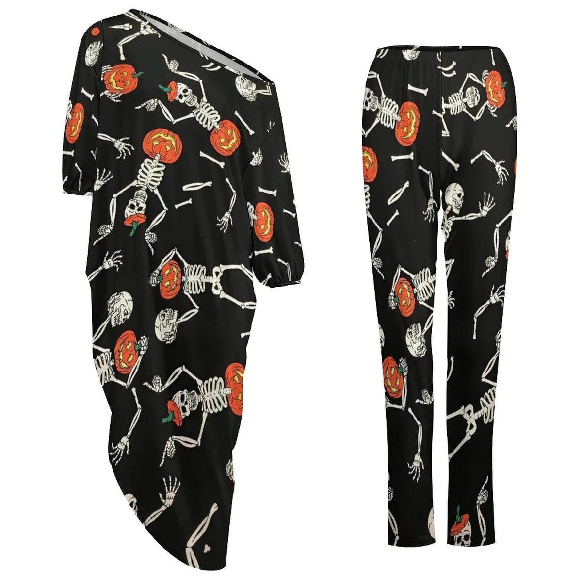 Women's Off-Shoulder Top and Pants Lounge Set - Dancing Skeleton Pumpkin Print - view 5