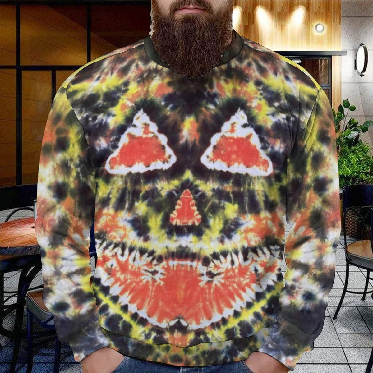 Unisex Crew Neck Sweatshirt - Tie-Dye Pumpkin Face Print - view 2