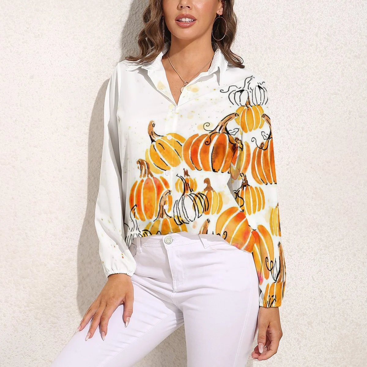 Women's Relaxed Long Sleeve Button-Down Shirt - Watercolor Pumpkin Print - view 3