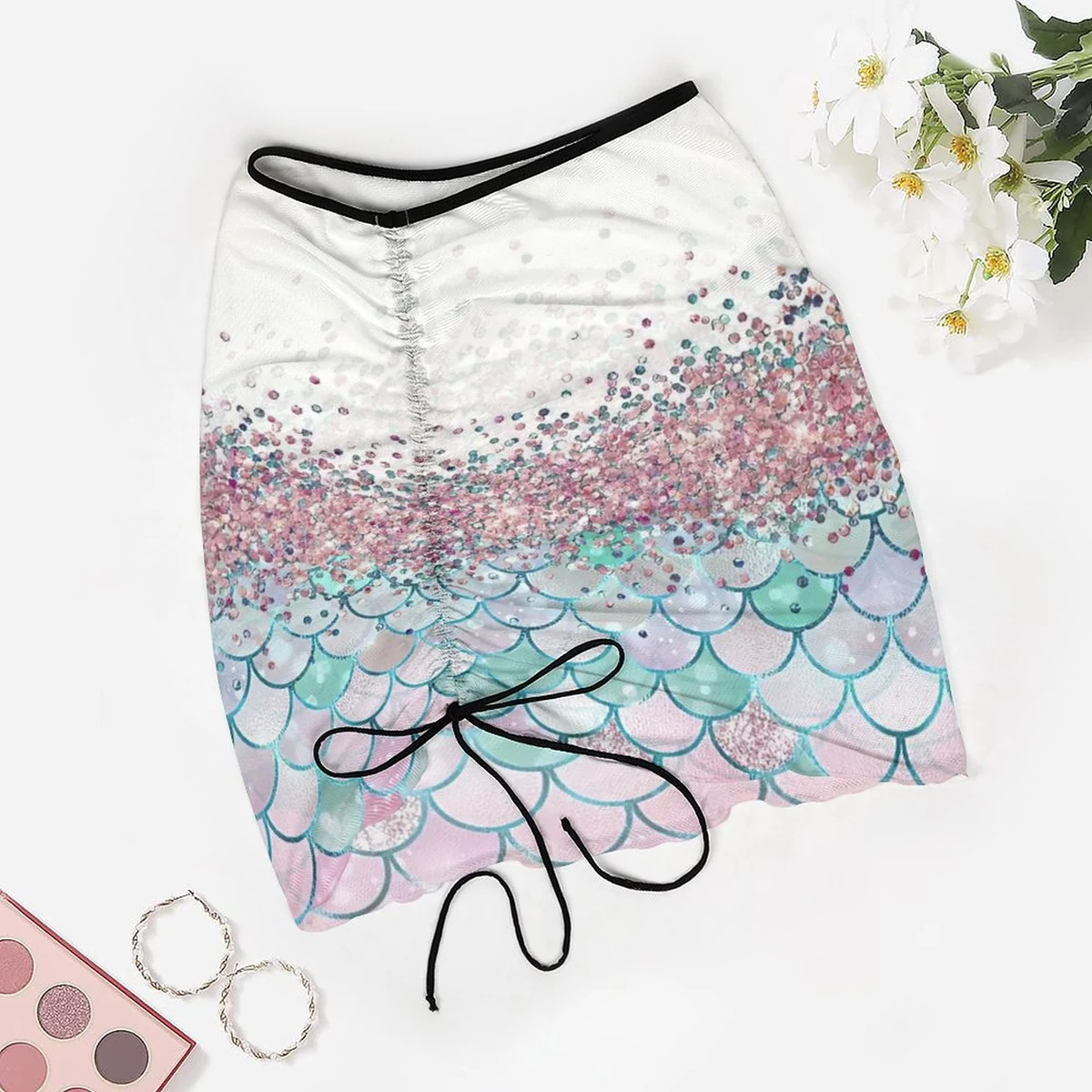 Women's Ruched Drawstring Sarong Skirt - Mermaid Scale Sparkle Print - view 3