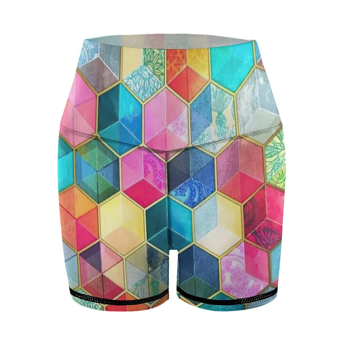 Women's High-Waist Yoga Shorts - Rainbow Hexagon Cube Print - view 7