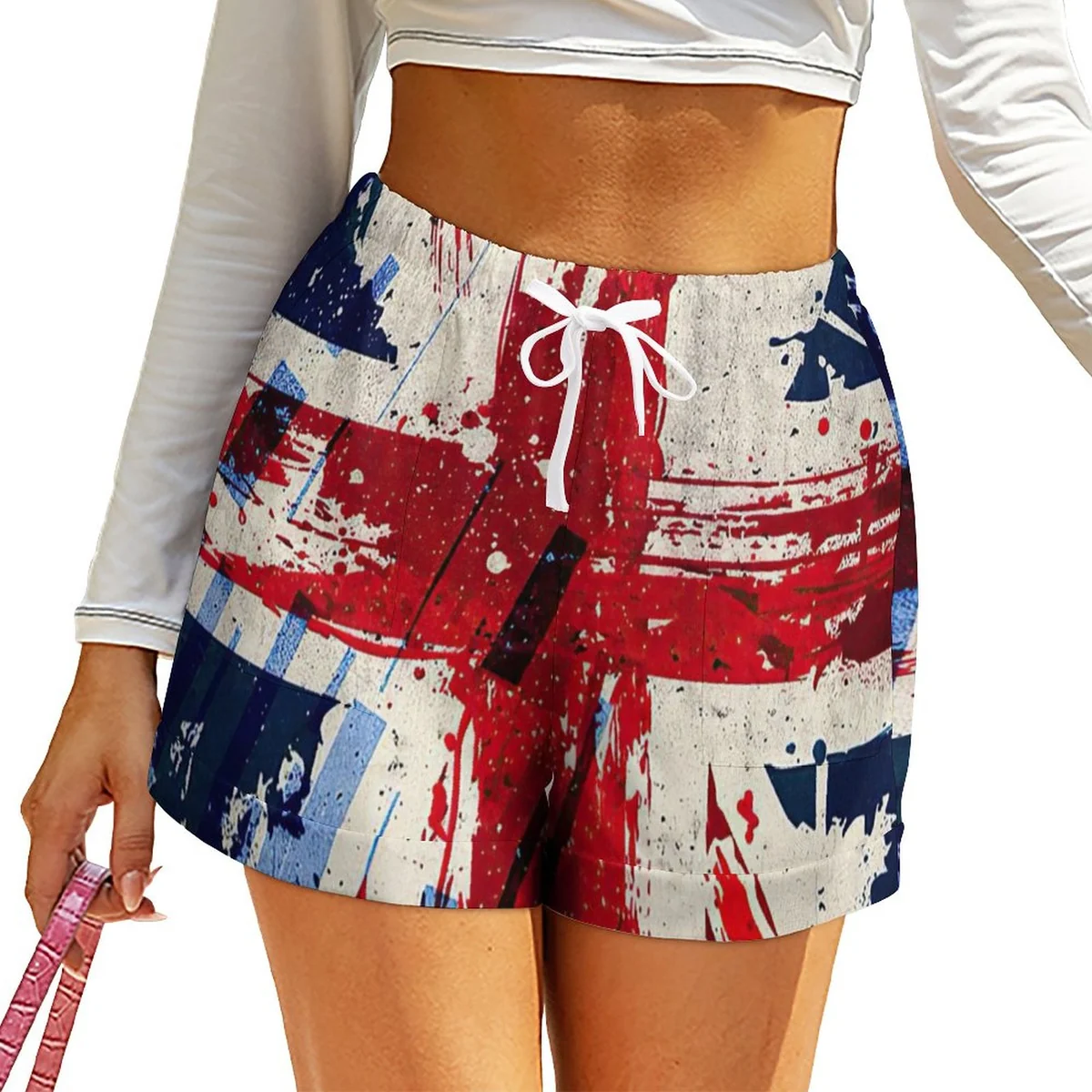 Women's High-Waist Drawstring Lounge Shorts - Painted Union Jack Print
