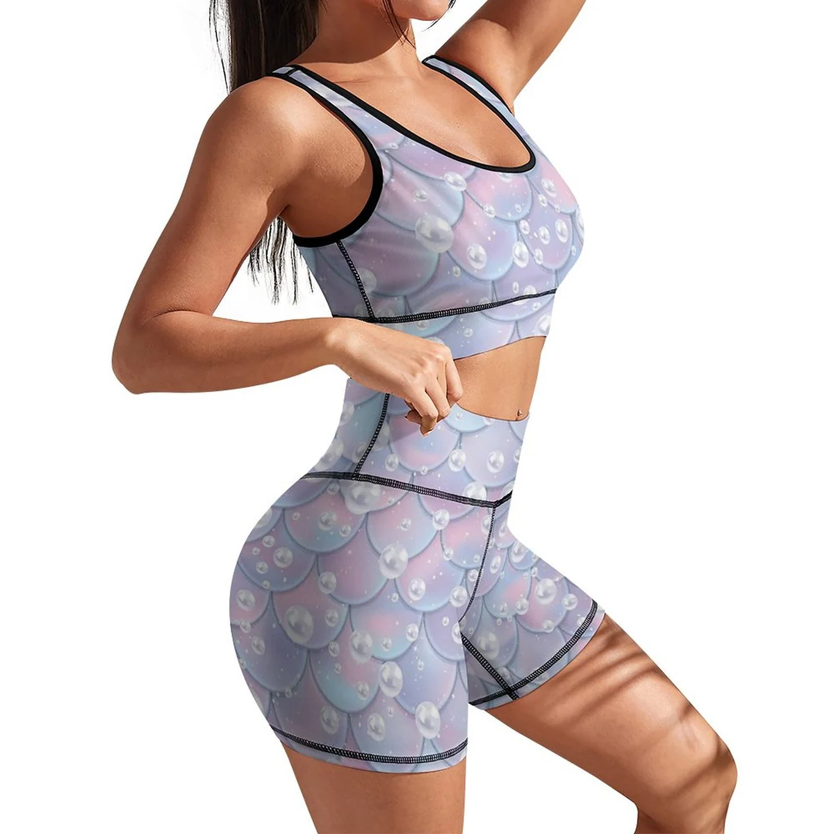 Women's Racerback Sports Bra and Bike Shorts Set - Pearl Mermaid Scale Print - view 3