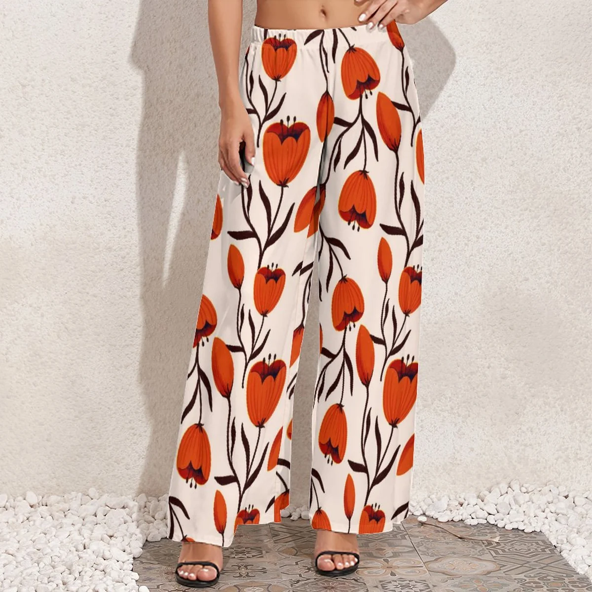 Women's High-Waist Wide Leg Palazzo Pants - Graphic Red Tulip Print - view 4