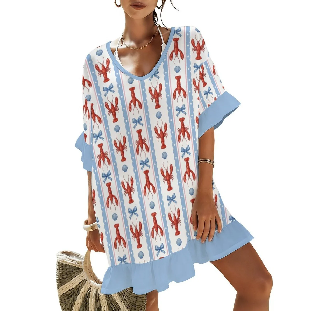 Women's Ruffle Sleeve Beach Cover-Up Dress - Lobster Stripe Print