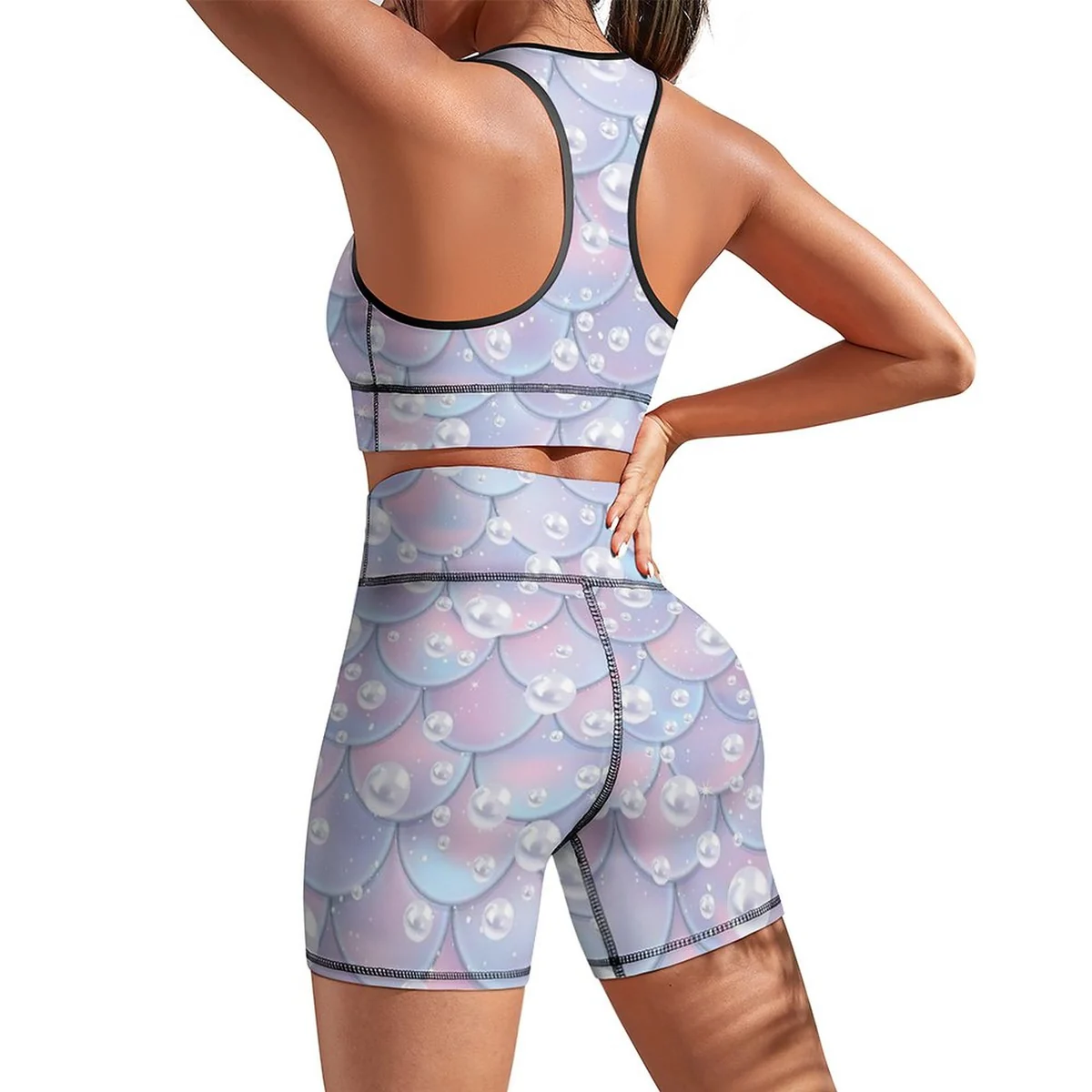 Women's Racerback Sports Bra and Bike Shorts Set - Pearl Mermaid Scale Print - view 4
