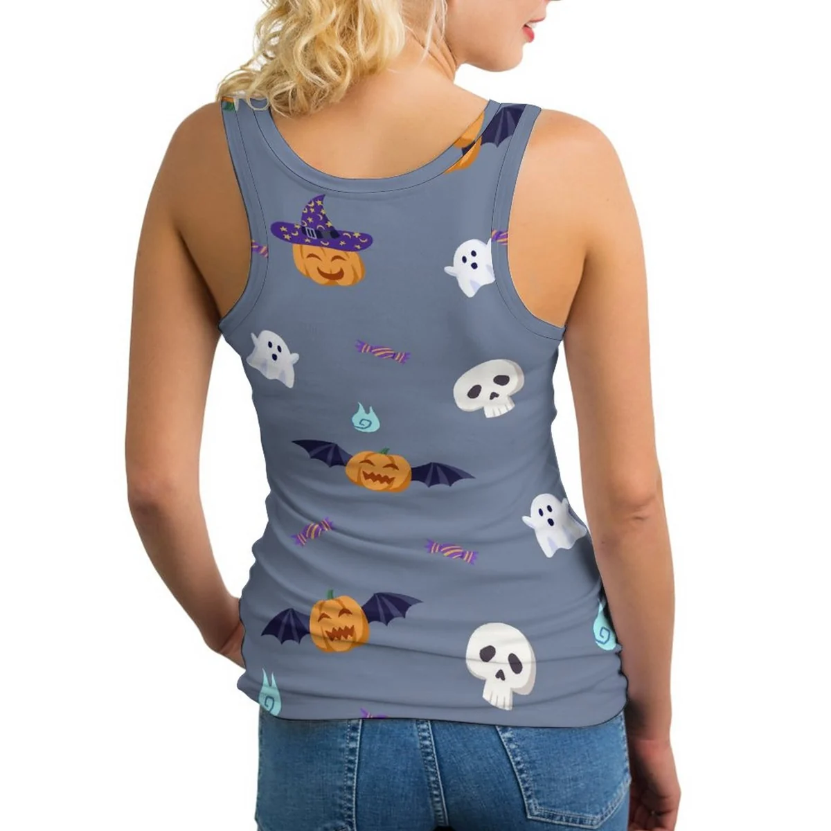 Women's Scoop-Neck Athletic Tank Top - Spooky Ghost and Pumpkin Graphic - view 2