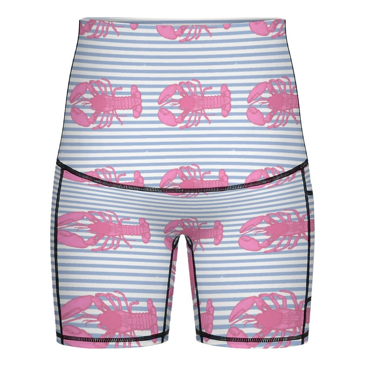 Women's Maternity High-Waist Bike Shorts with Pockets - Pink Lobster Stripe Print - view 5