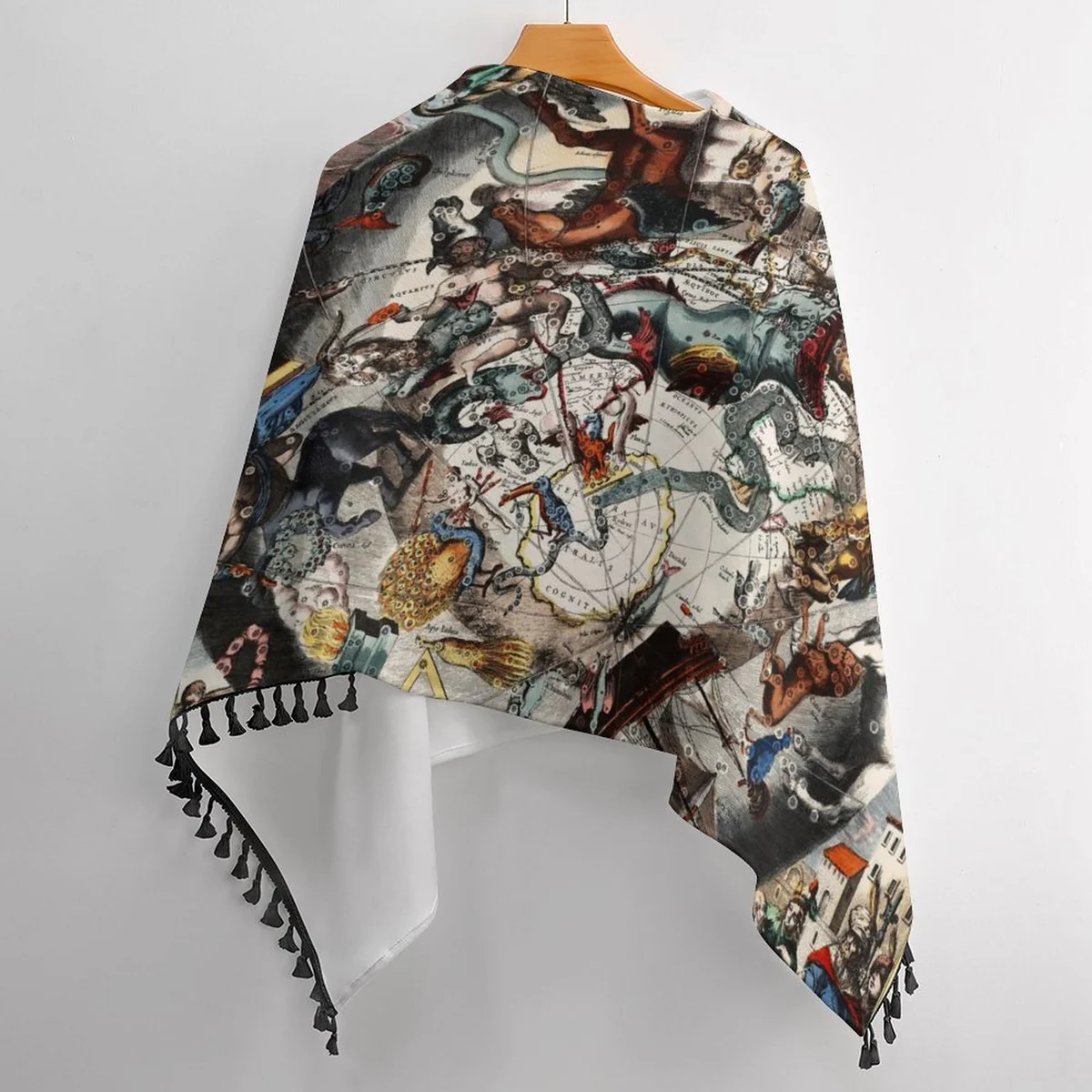 Women's Fringe Trim Knit Poncho - Vintage Storybook Illustration Print - view 3