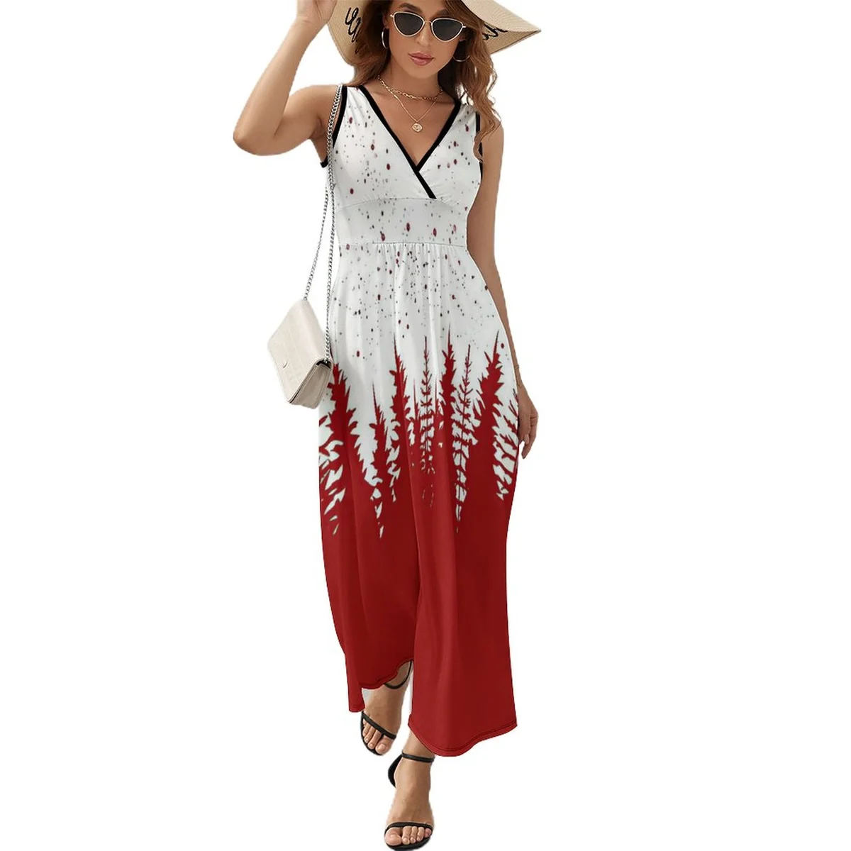 Women's V-Neck Sleeveless Maxi Dress - Red Pine Forest Print