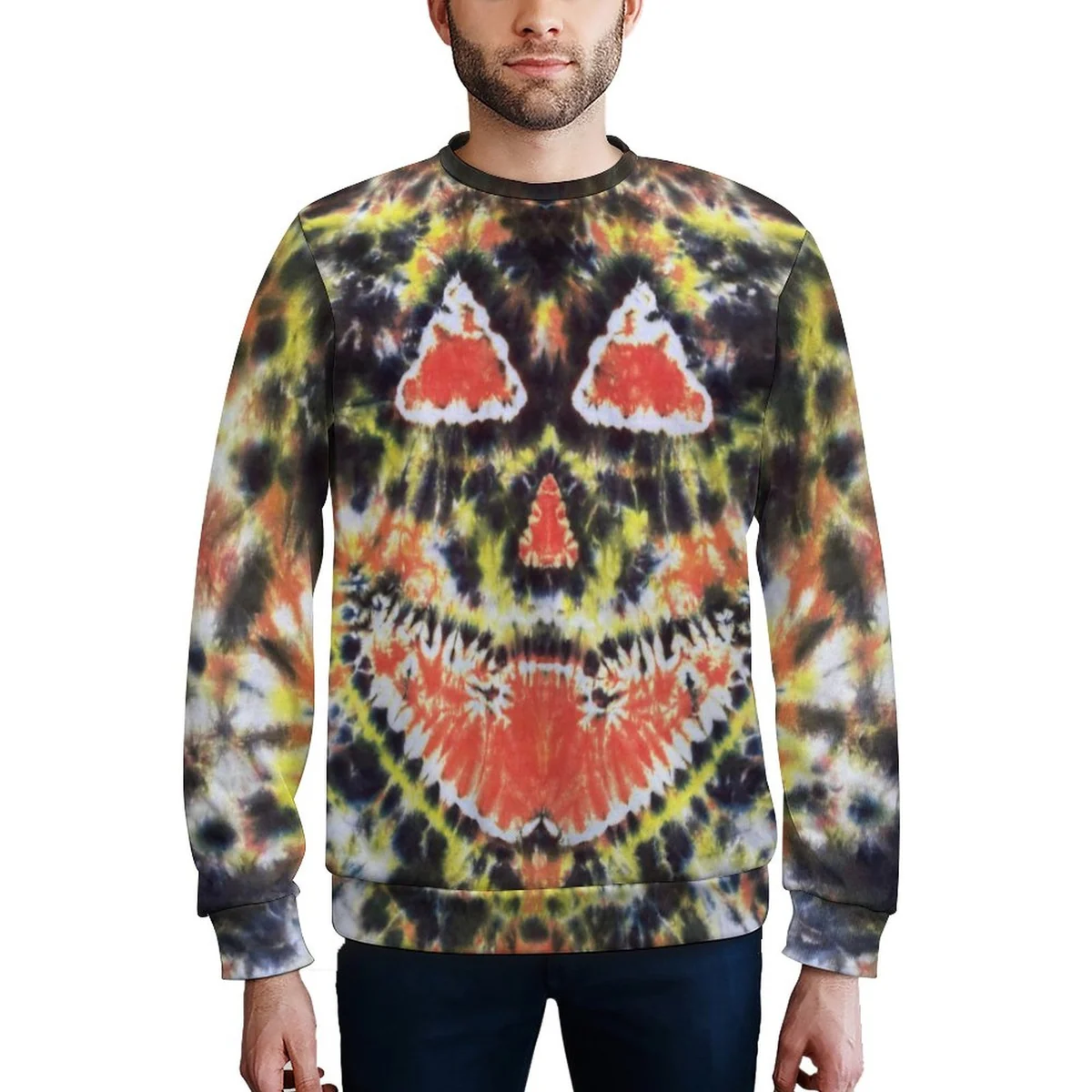 Unisex Crew Neck Sweatshirt - Tie-Dye Pumpkin Face Print - view 7