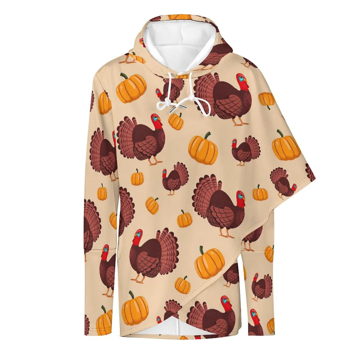 Women's Longline Asymmetric Hem Hoodie - Turkey and Pumpkin Print - view 4