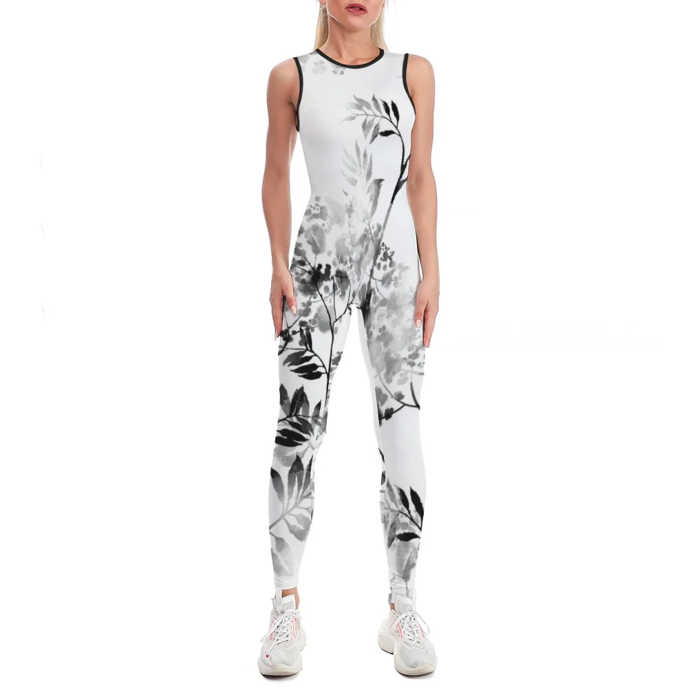 Women's Sleeveless Full-Length Yoga Jumpsuit - Ink Wash Botanical Print
