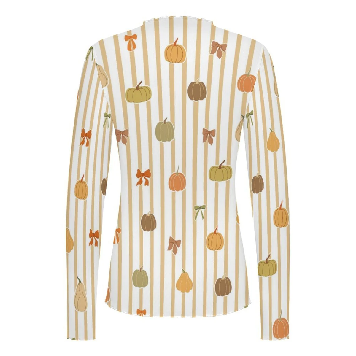 Women's High Neck Long Sleeve Mesh Top - Pumpkin Stripe Print - view 7