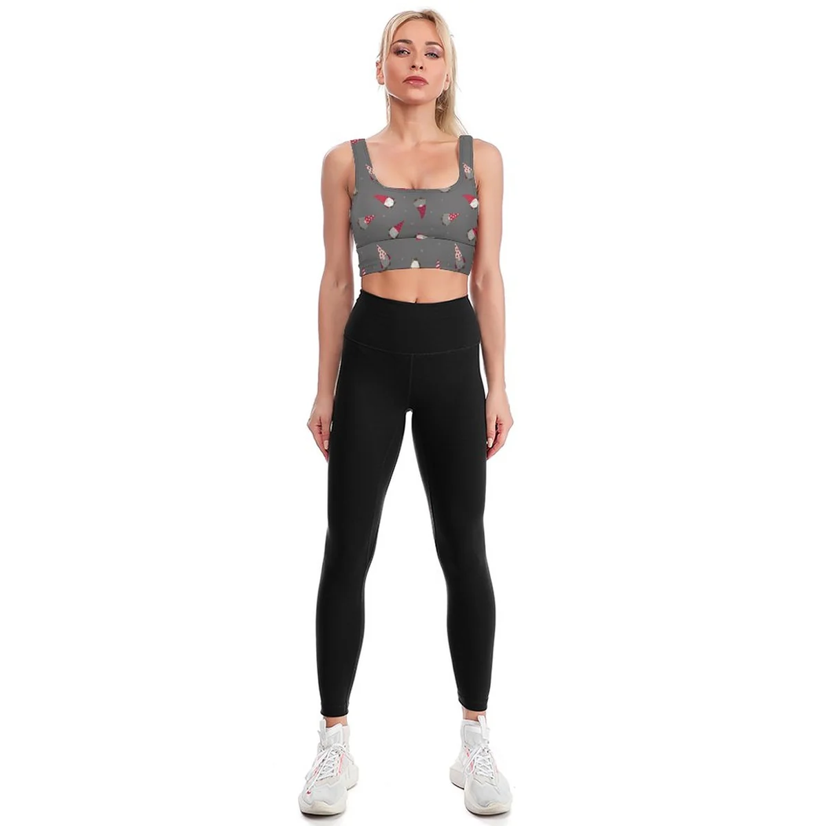 Women's Scoop-Neck Longline Yoga Crop Top - Christmas Gnome Print - view 5