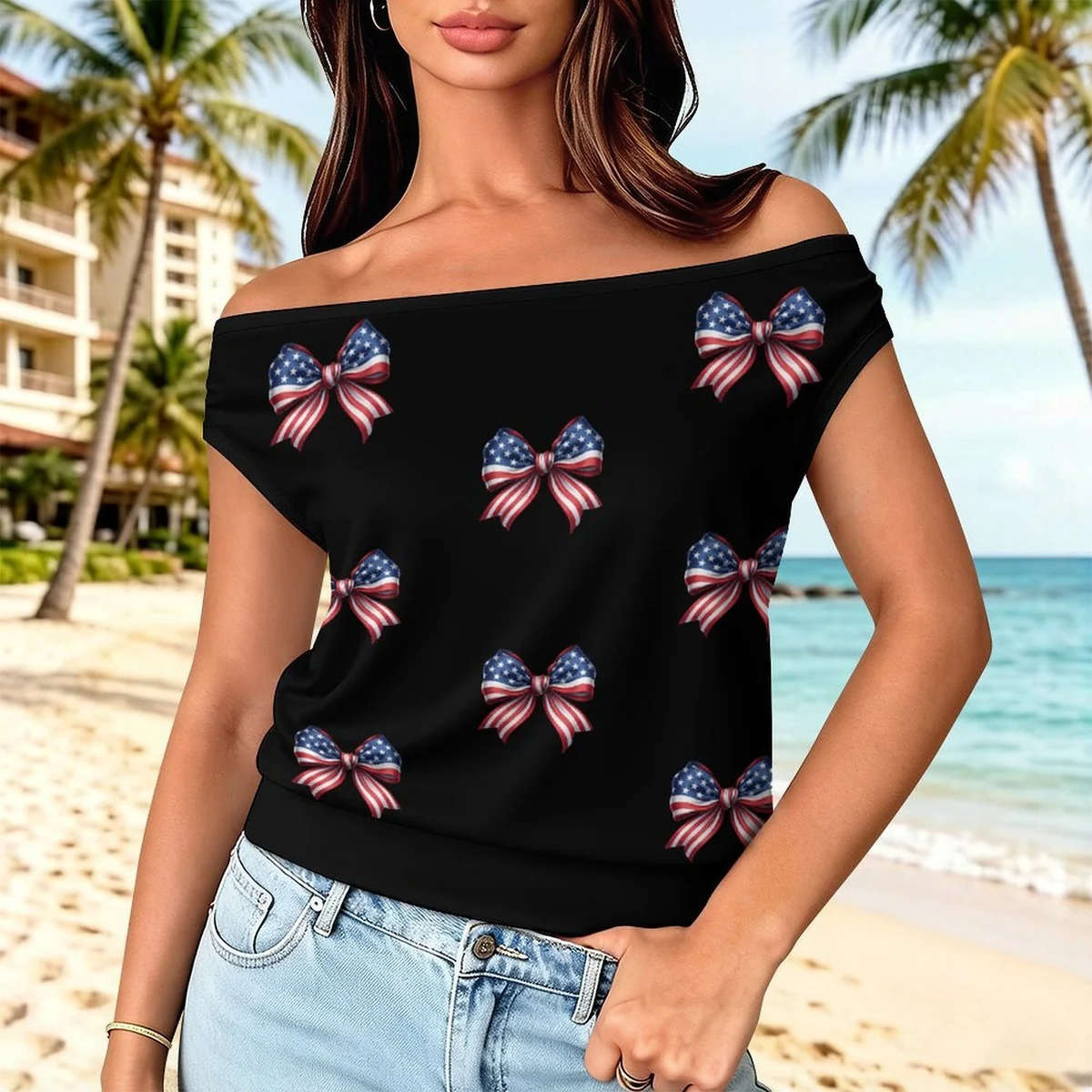 Women's One-Shoulder Cap Sleeve Tee - Patriotic Bow Print - view 2