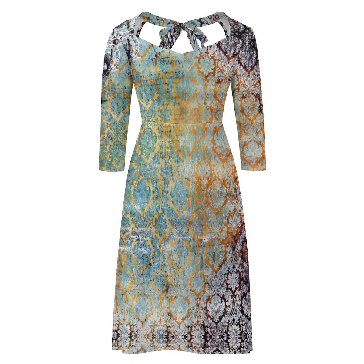 Women's Sweetheart Tie-Back Flare Sleeve Dress - Weathered Damask Print - view 6