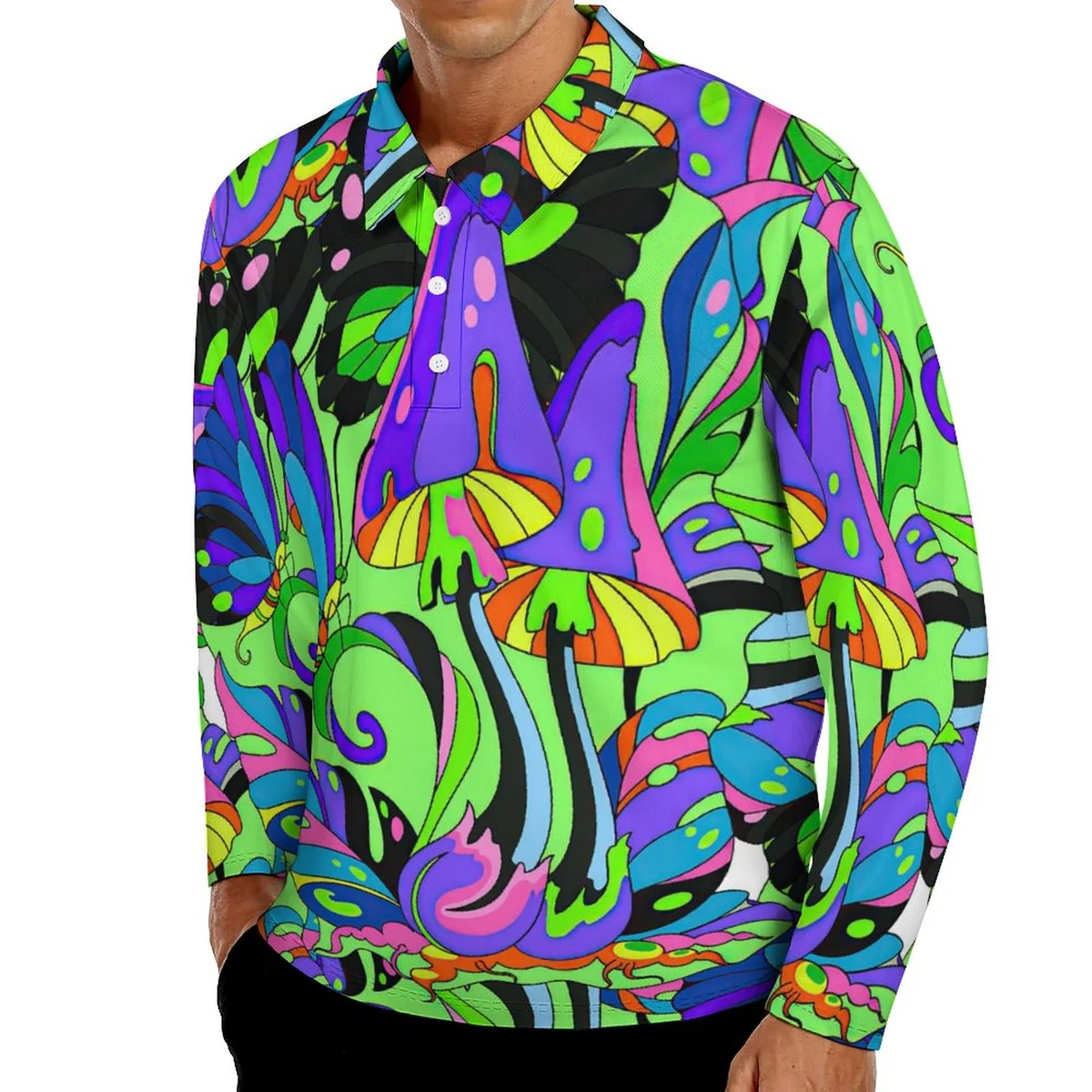 Men's Long Sleeve Polo Shirt - Psychedelic Mushroom Print