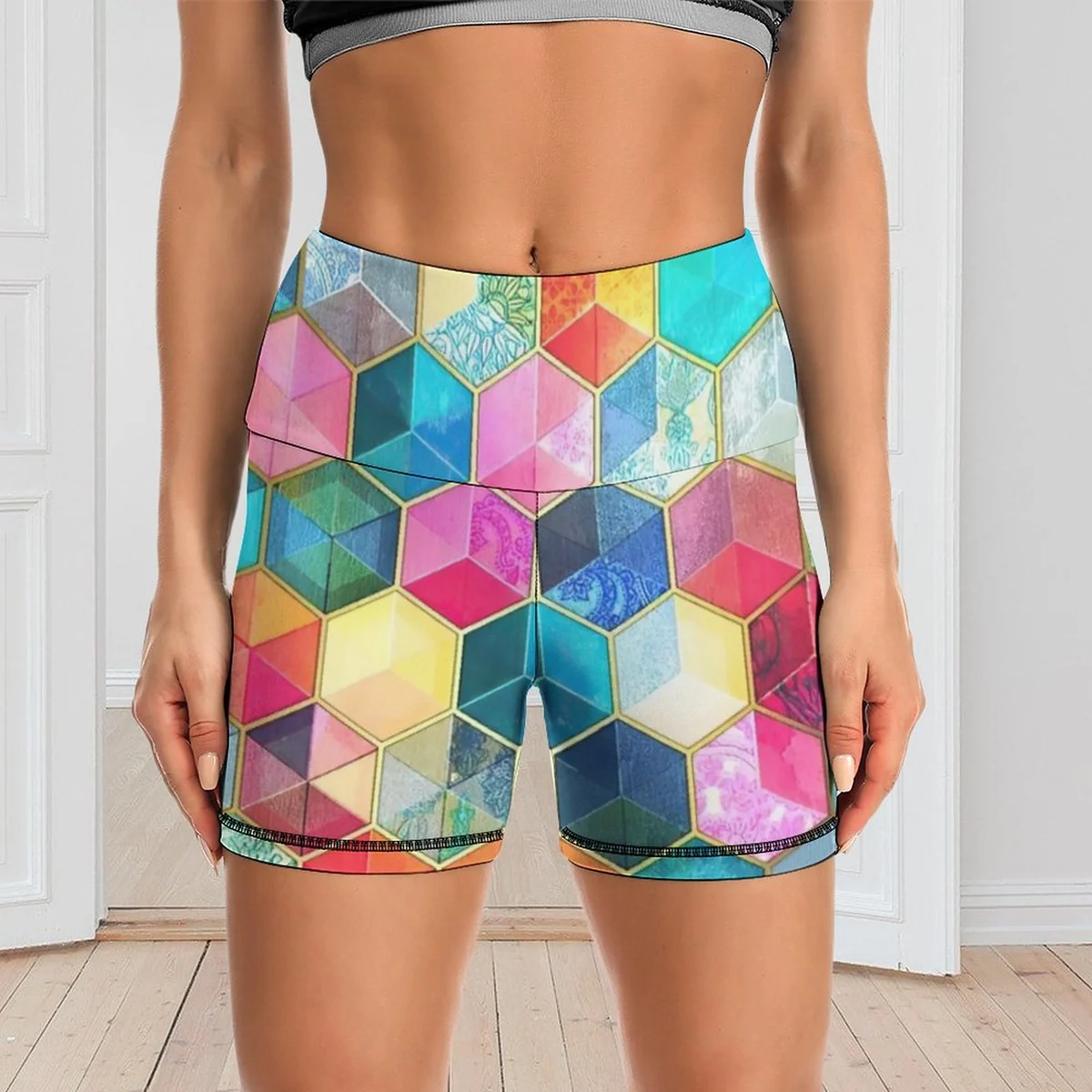 Women's High-Waist Yoga Shorts - Rainbow Hexagon Cube Print - view 6