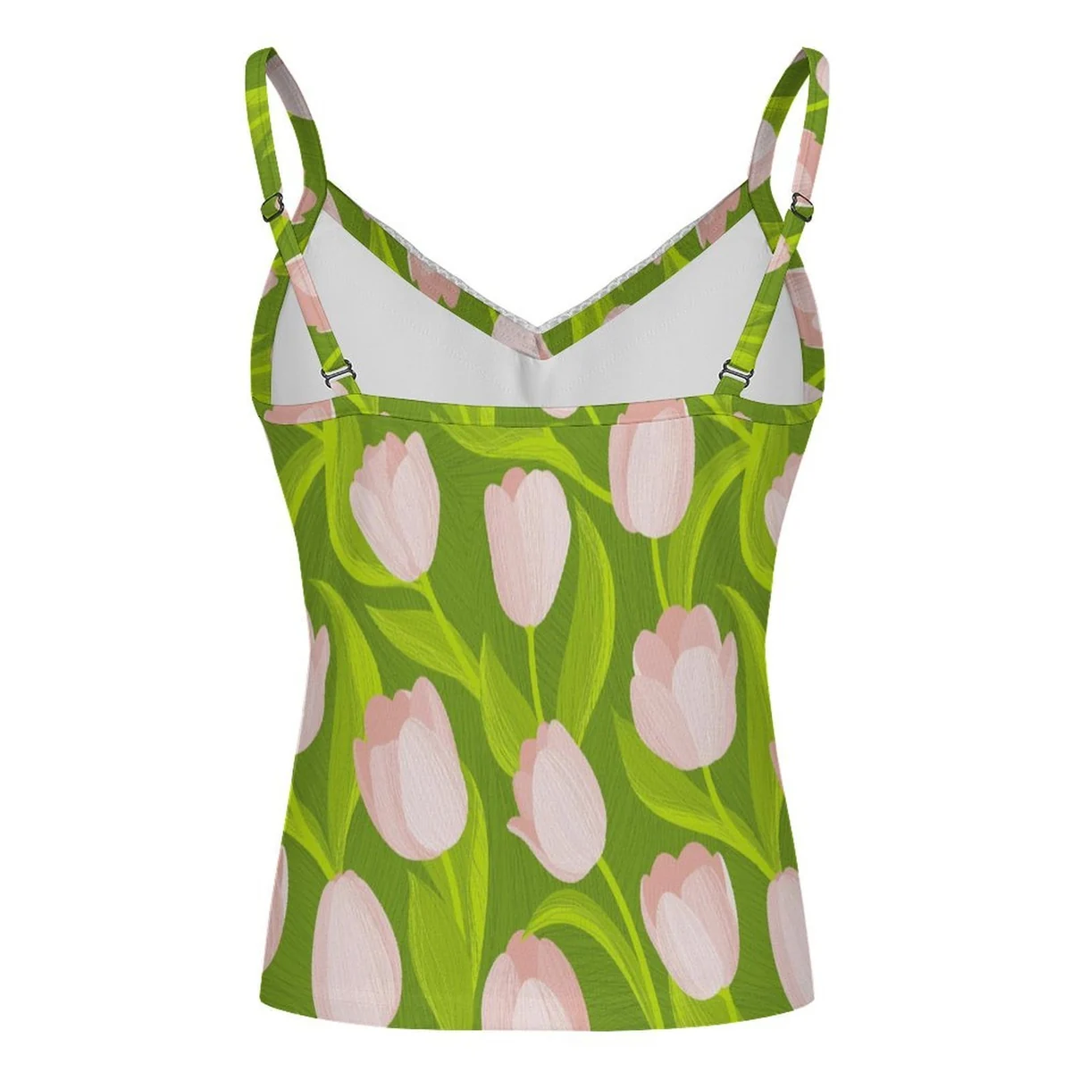 Women's Lace Trim V-Neck Cami Top - Pink Tulip Print - view 5