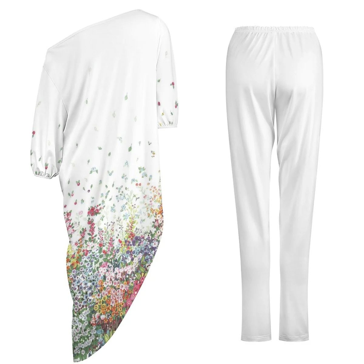 Women's Off-Shoulder Top and Pants Lounge Set - Wildflower Cascade Print - view 6