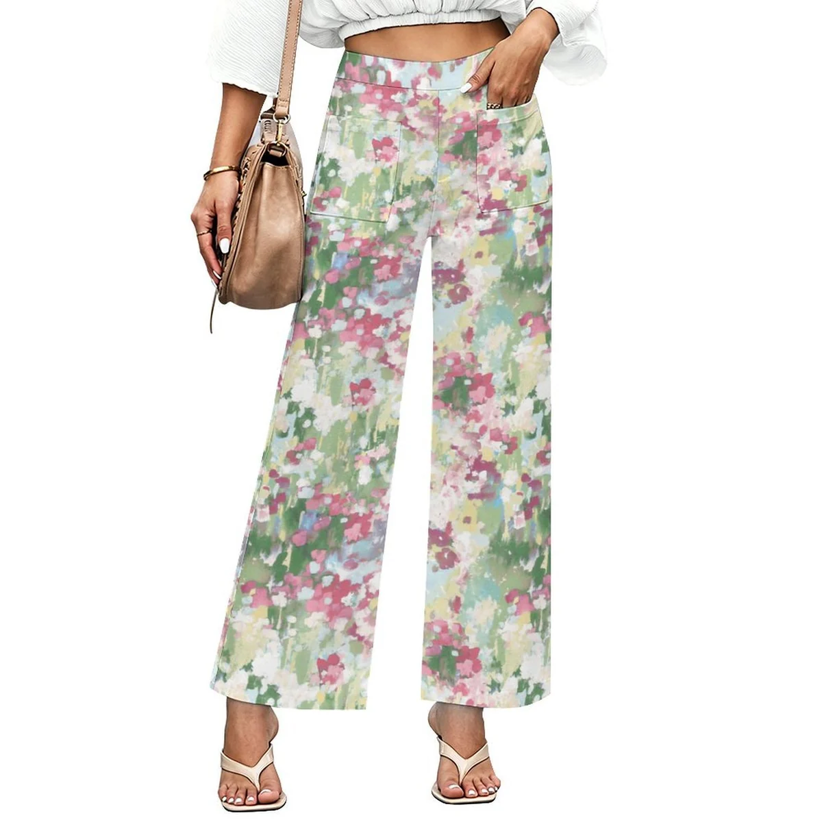 Women's Patch Pocket Straight Wide Leg Pants - Impressionist Garden Print