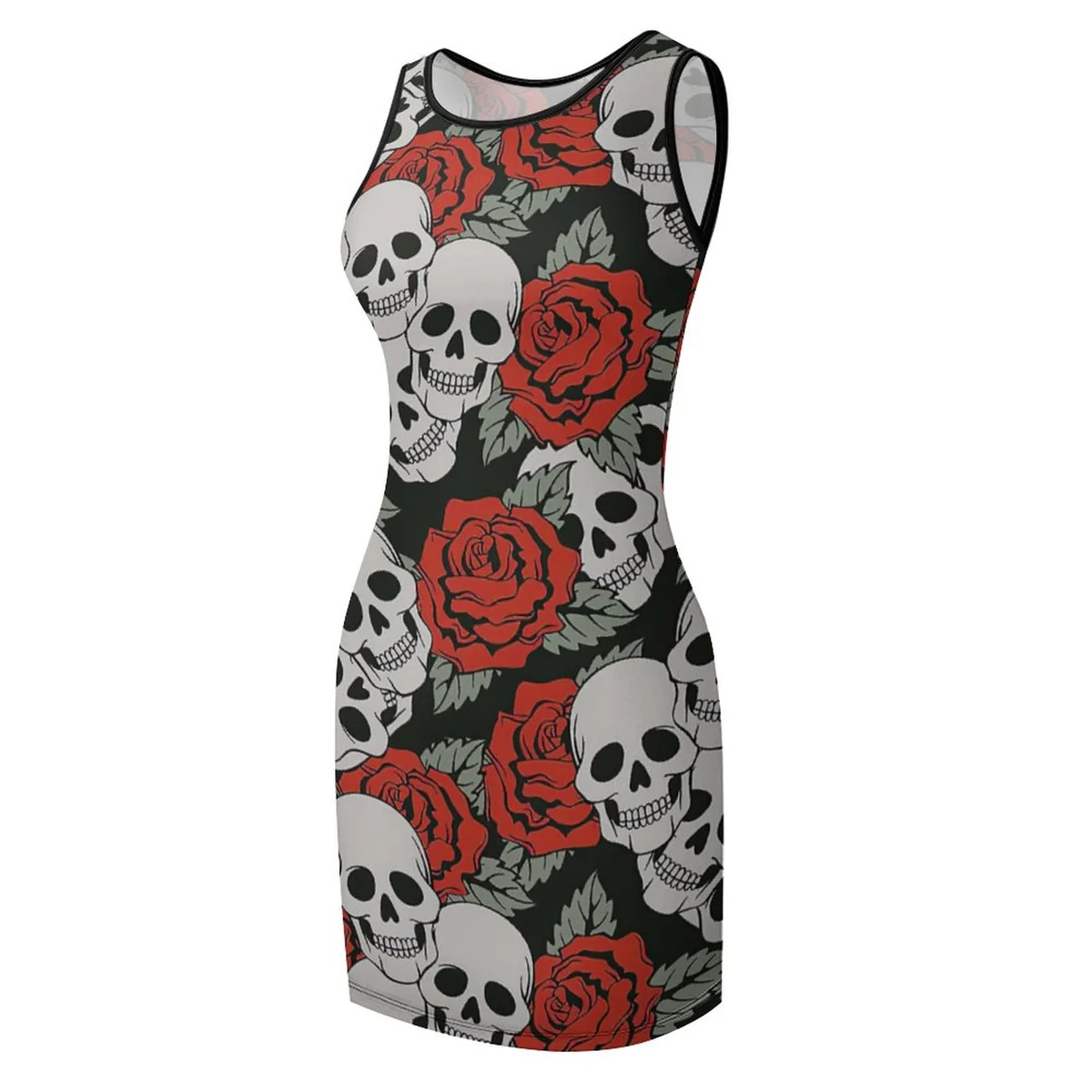 Women's Sleeveless Bodycon Tank Mini Dress - Skulls and Roses Print - view 7