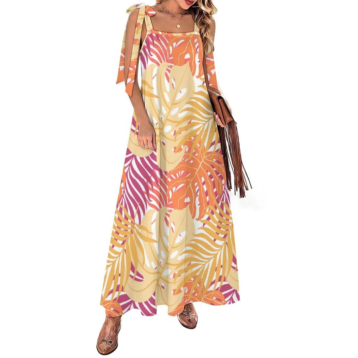 Women's Tie-Shoulder Maxi Dress - Sunset Palm Leaf Print