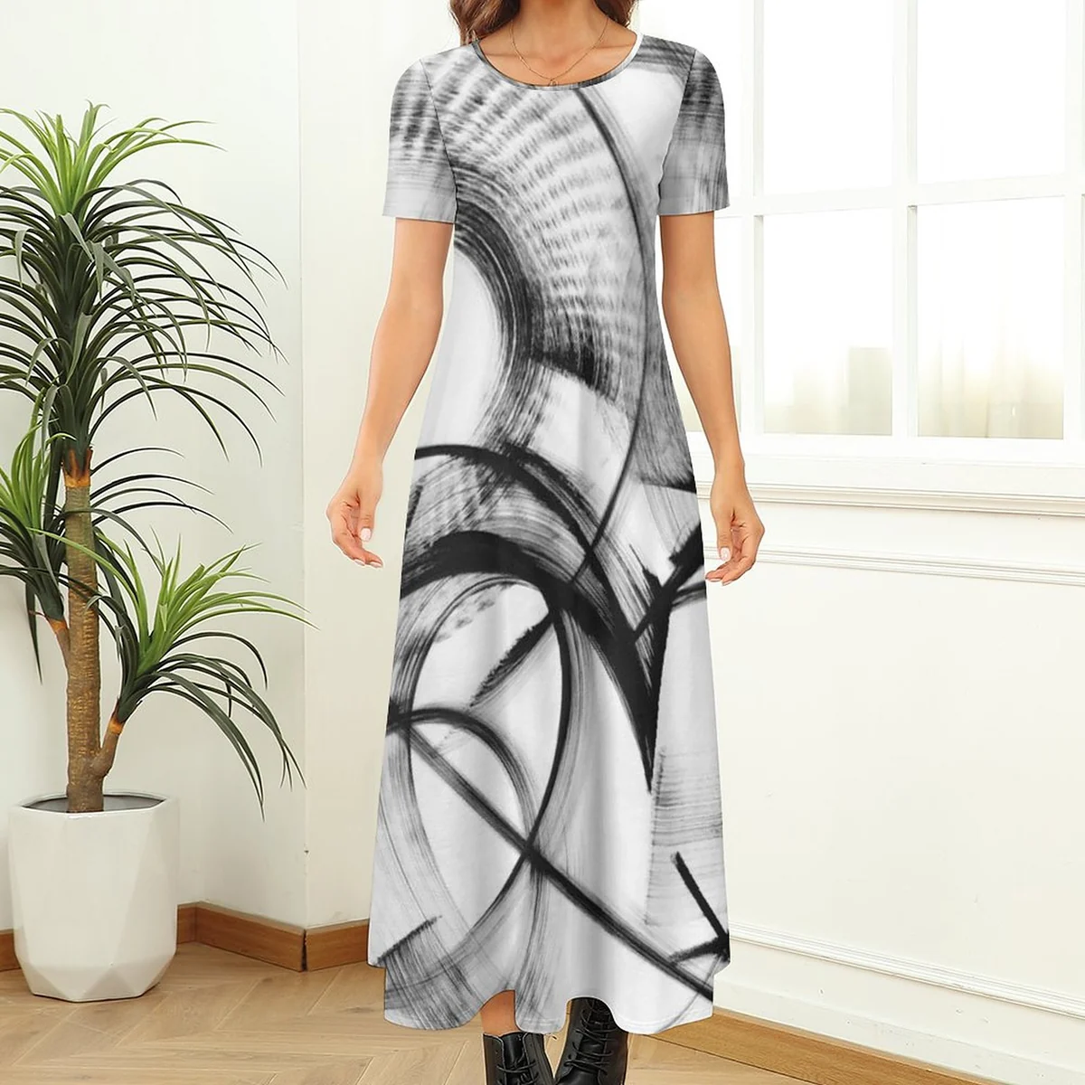Women's Crew Neck Short Sleeve Maxi T-Shirt Dress - Ink Smoke Swirl Print - view 2