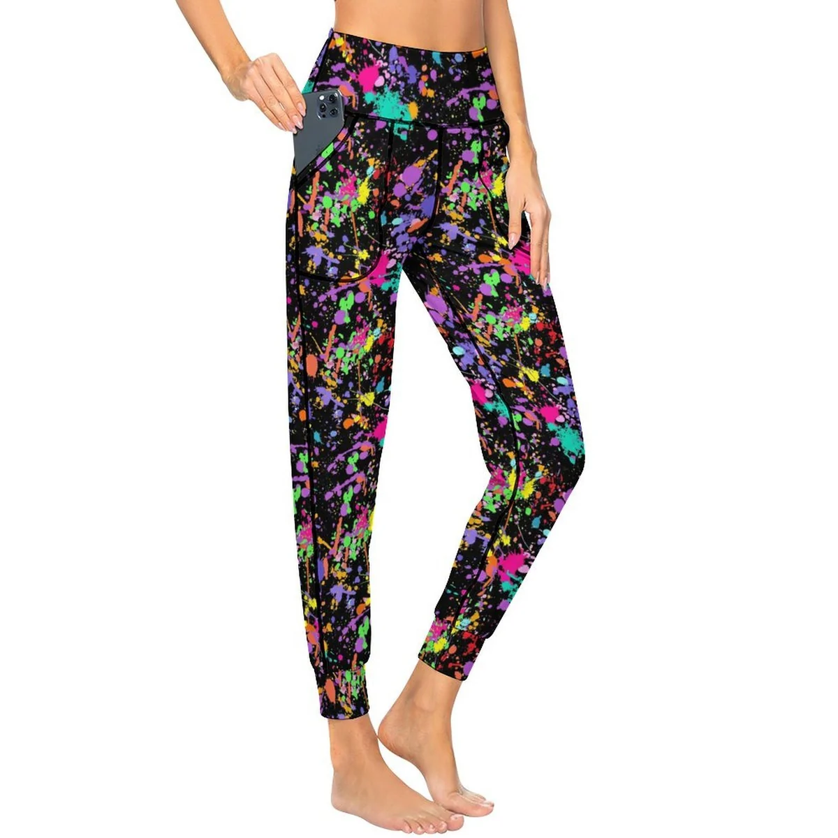 Women's Pocket Yoga Jogger Pants - Neon Paint Splatter Print