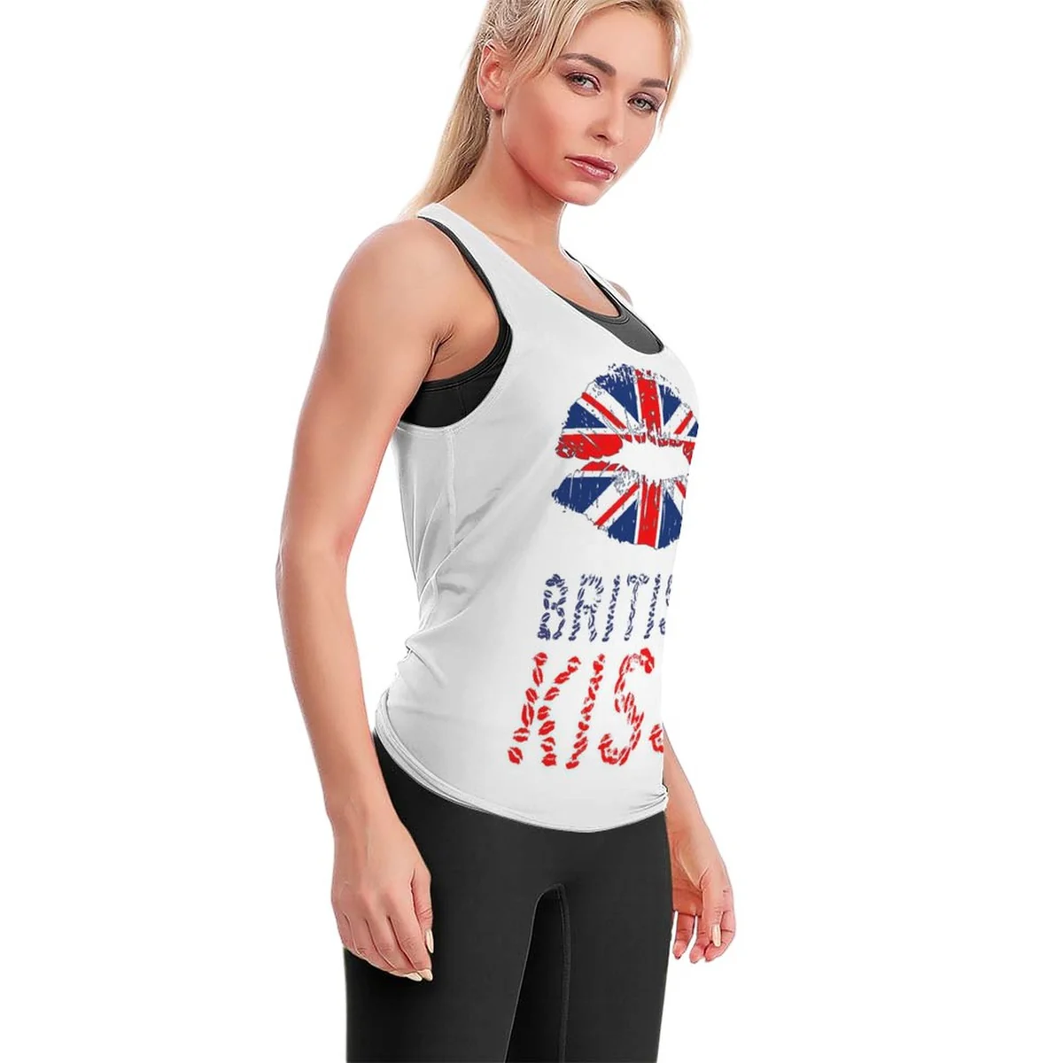 Women's Tie-Back Racerback Yoga Tank - British Kiss Lips Print - view 2