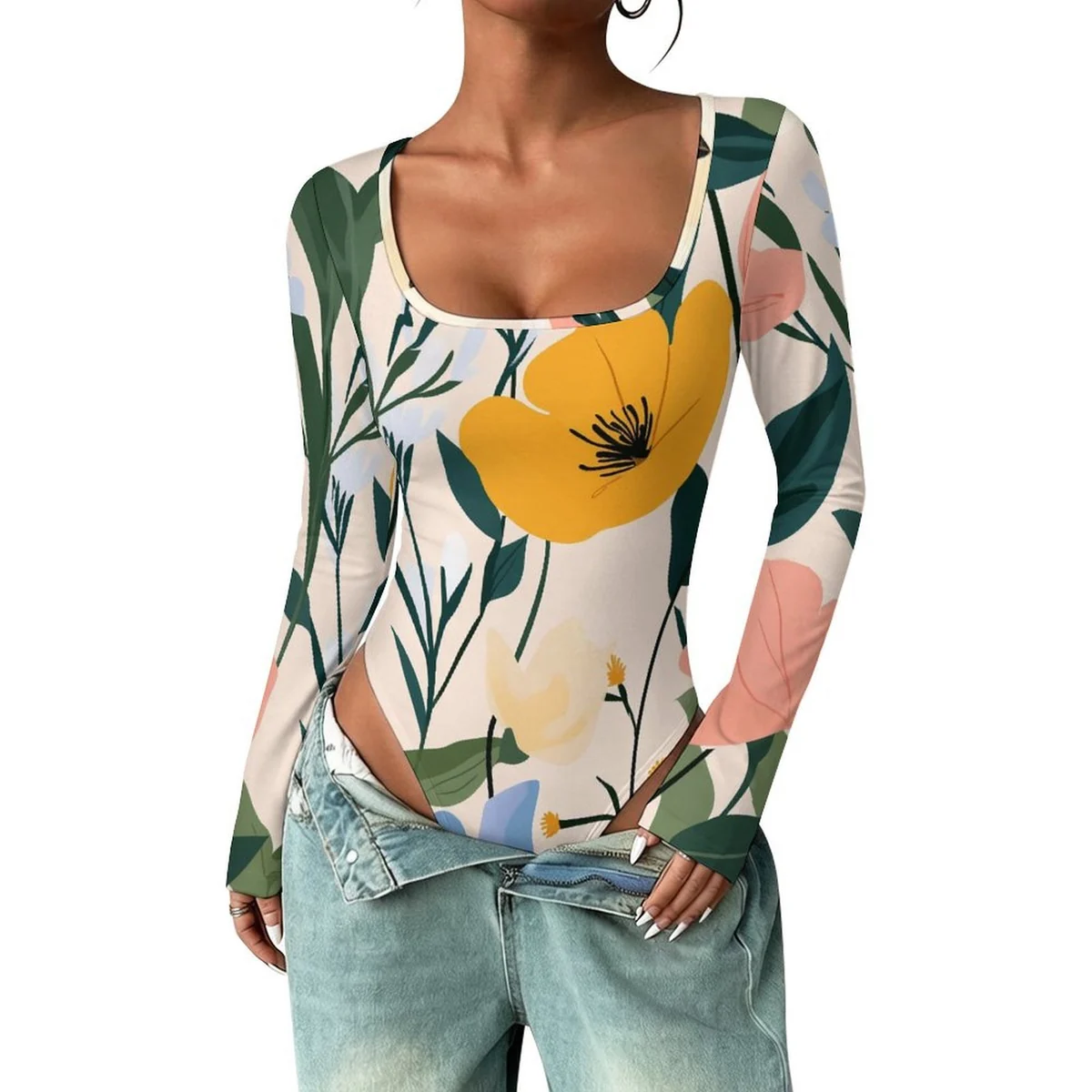 Women's Square-Neck Long Sleeve Bodysuit - Modern Poppy Print