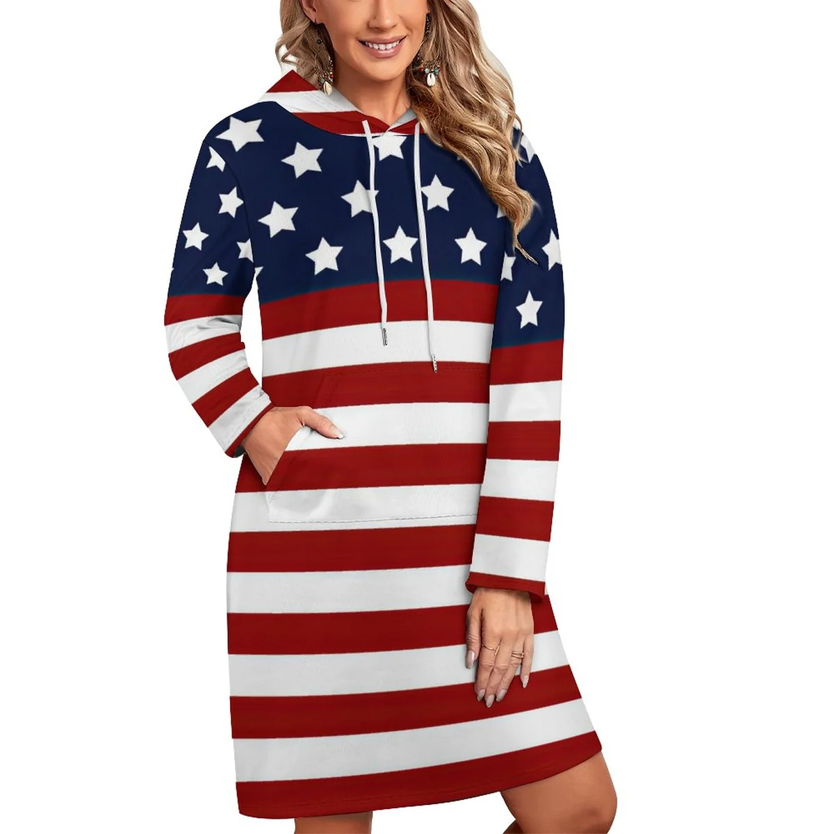 Women's Hooded Long Sleeve Sweatshirt Dress - Stars and Stripes Print