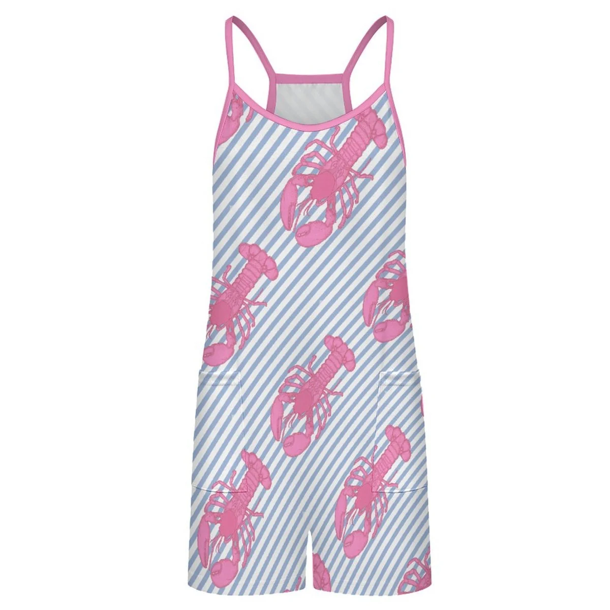 Women's Cami Romper with Pockets - Pink Lobster Stripe Print - view 4