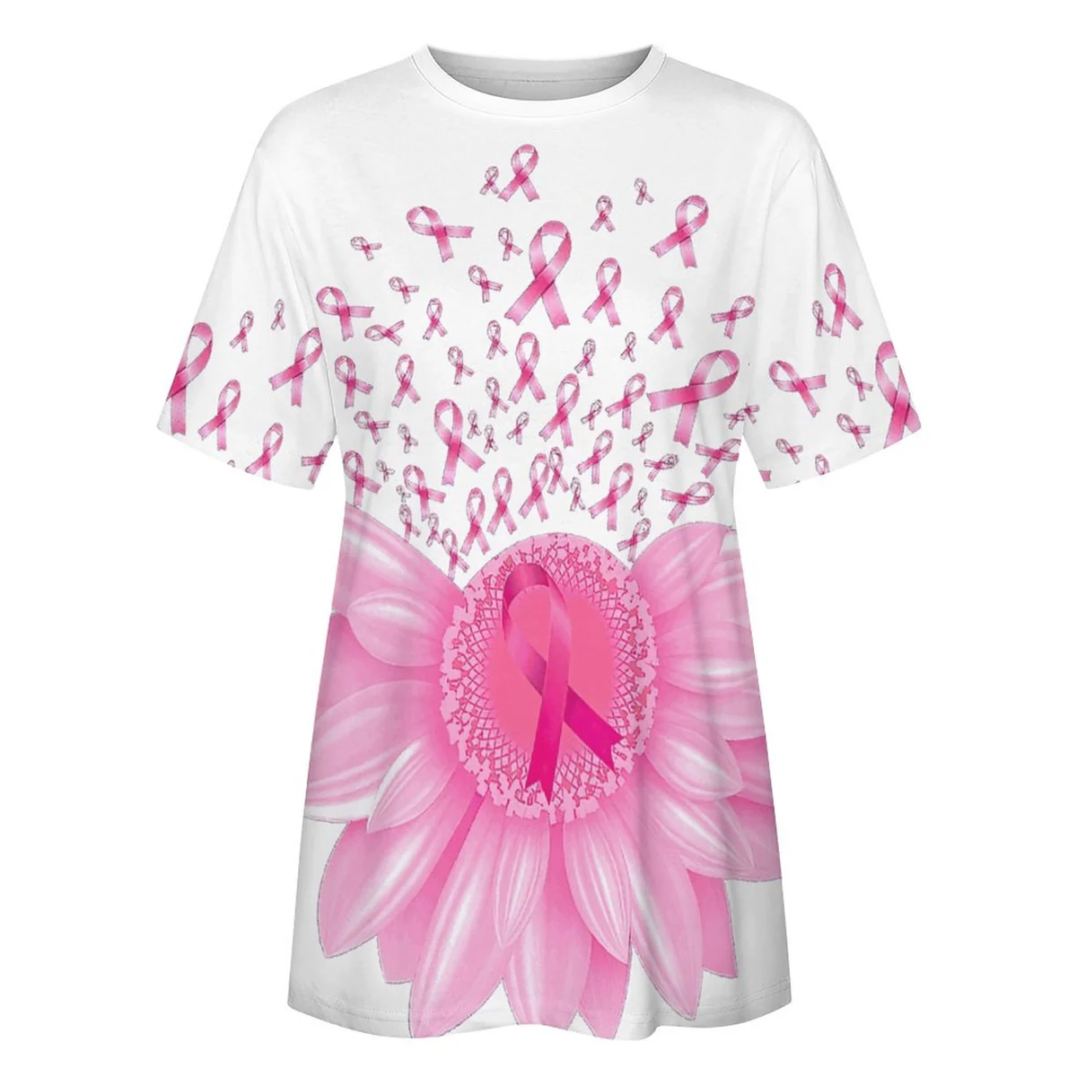 Women's Crew Neck Short Sleeve Cotton Tee - Pink Ribbon Daisy Print - view 4